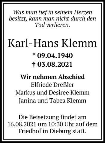 Traueranzeige von Karl-Hans Klemm von OF