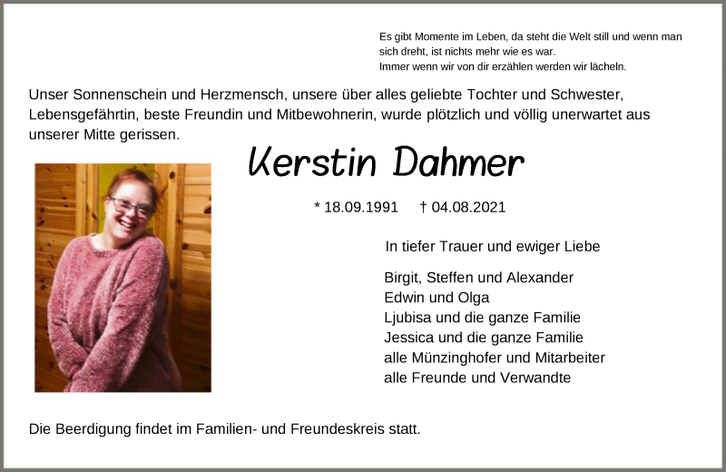  Traueranzeige für Kerstin Dahmer vom 14.08.2021 aus OF