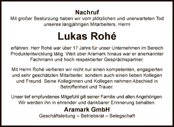 Traueranzeige von Lukas Rohe von OF