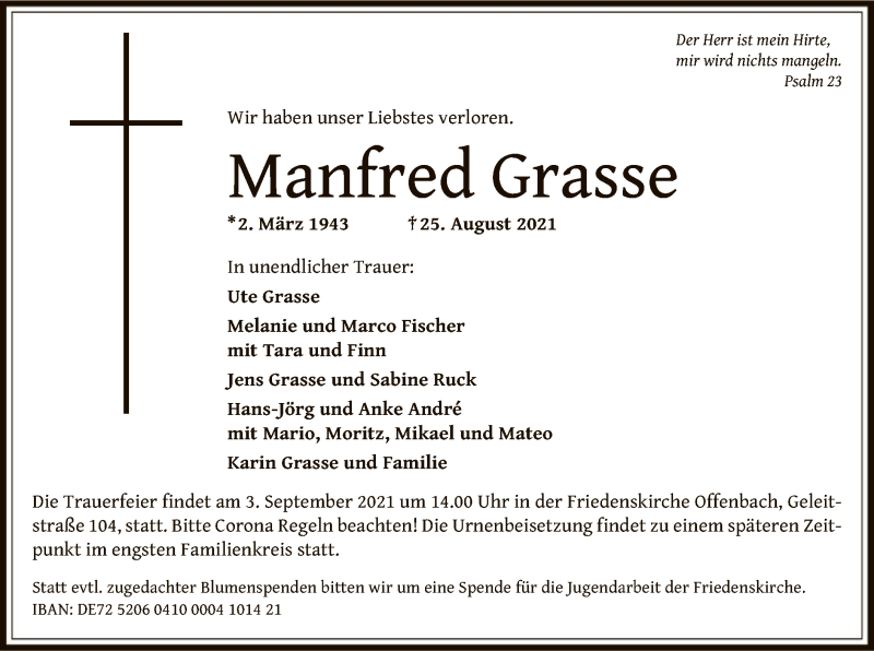  Traueranzeige für Manfred Grasse vom 28.08.2021 aus OF