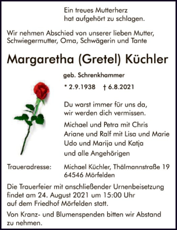 Traueranzeige von Margaretha Küchler von OF