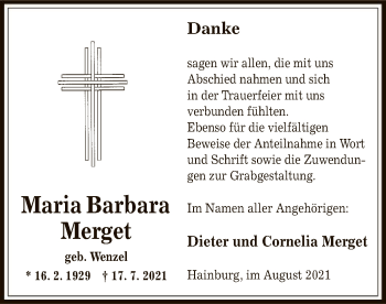 Traueranzeige von Maria Barbara Merget von OF