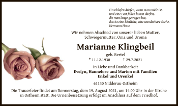 Traueranzeige von Marianne Klingbeil von OF