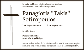 Traueranzeige von Panagiotis Sotiropoulos von OF