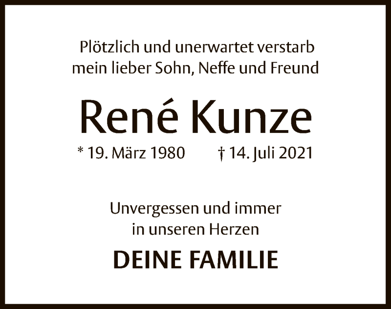  Traueranzeige für René Kunze vom 05.08.2021 aus OF