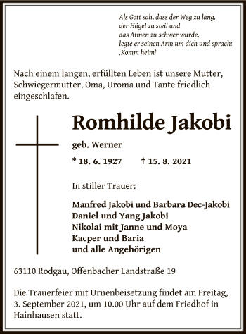 Traueranzeige von Romhilde Jakobi von OF