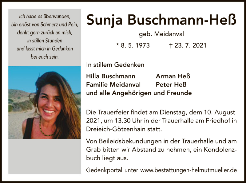  Traueranzeige für Sunja Buschmann-Heß vom 07.08.2021 aus OF