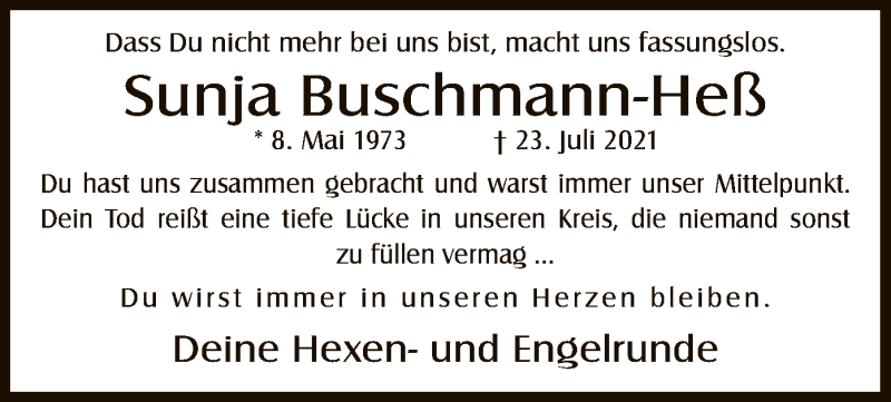  Traueranzeige für Sunja Buschmann-Heß vom 12.08.2021 aus OF
