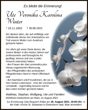 Traueranzeige von Ute Veronika Karolina Winter von OF