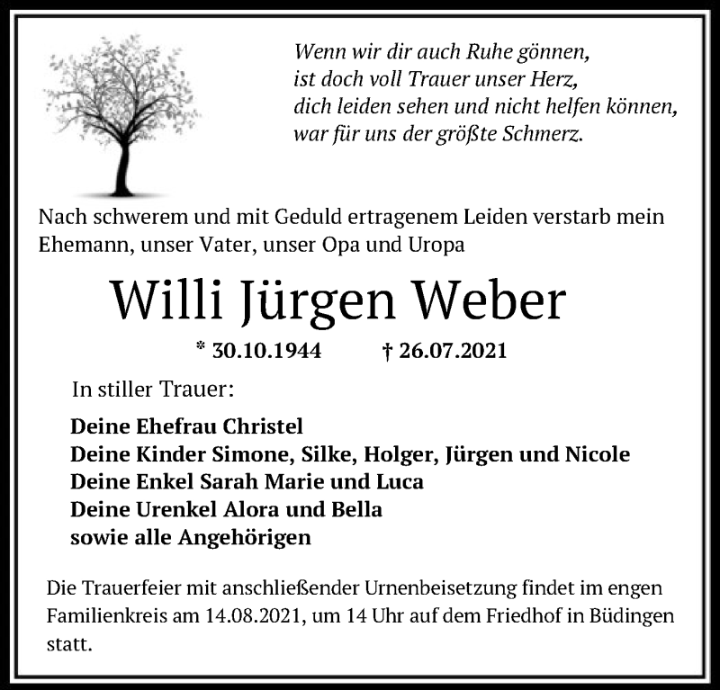  Traueranzeige für Willi Jürgen Weber vom 11.08.2021 aus OF