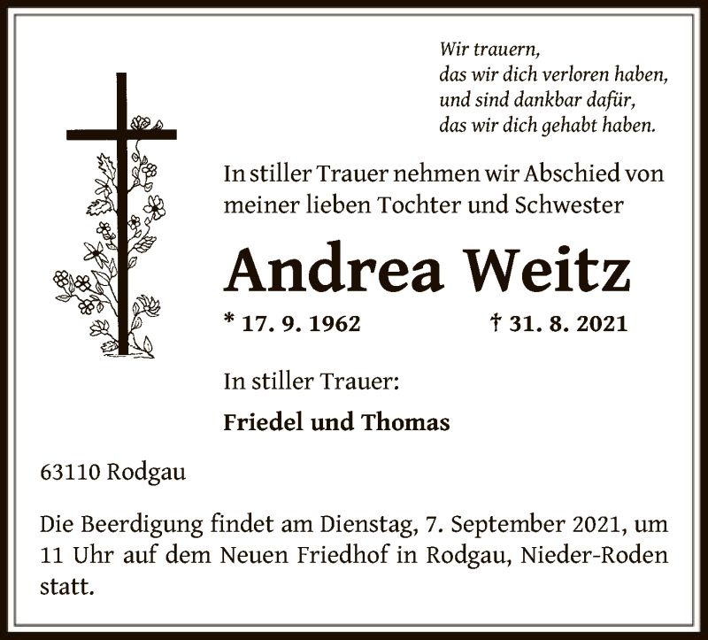  Traueranzeige für Andrea Weitz vom 04.09.2021 aus OF