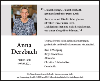 Traueranzeige von Anna Derzbach von OF