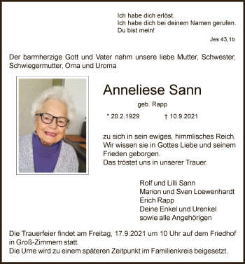 Traueranzeige von Anneliese Sann von OF