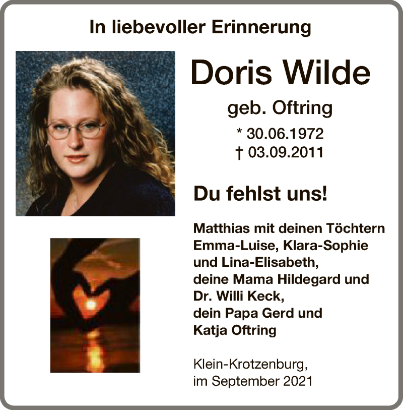  Traueranzeige für Doris Wilde vom 04.09.2021 aus OF