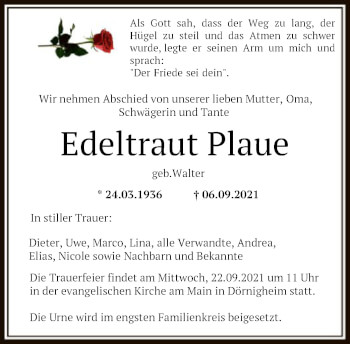 Traueranzeige von Edeltraut Plaue von OF