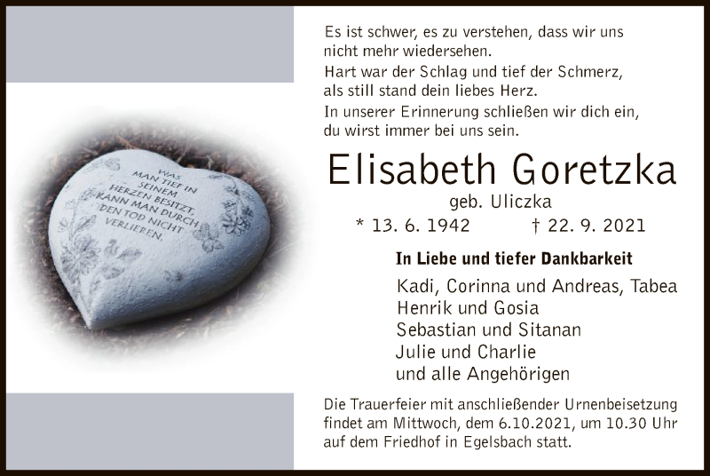  Traueranzeige für Elisabeth Goretzka vom 30.09.2021 aus OF