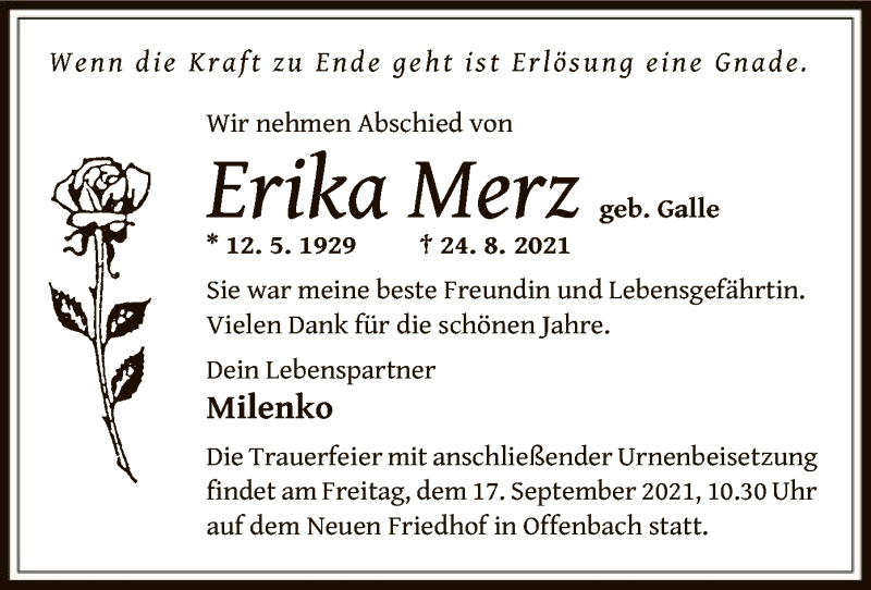 Traueranzeigen von Erika Merz | trauer.op-online.de