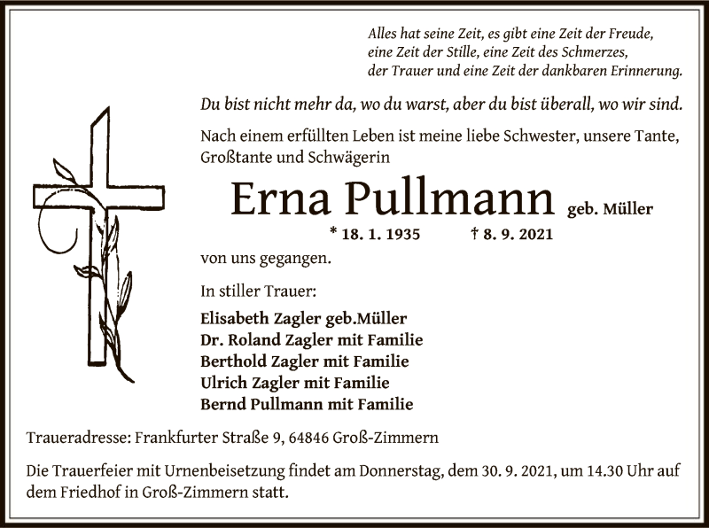  Traueranzeige für Erna Pullmann vom 11.09.2021 aus OF