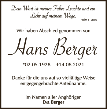 Traueranzeige von Hans Berger von OF