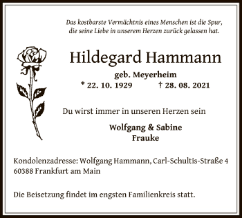 Traueranzeige von Hildegard Hammann von OF