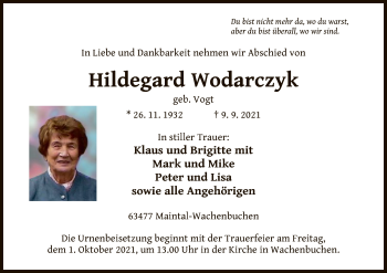 Traueranzeige von Hildegard Wodarczyk von OF