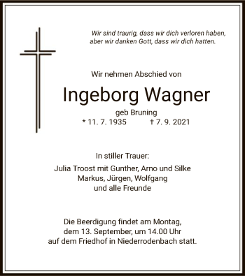 Traueranzeige von Ingeborg Wagner von OF