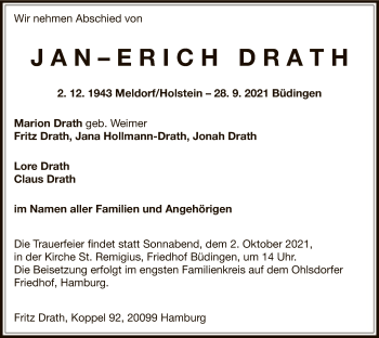 Traueranzeige von Jan-Erich Drath von OF