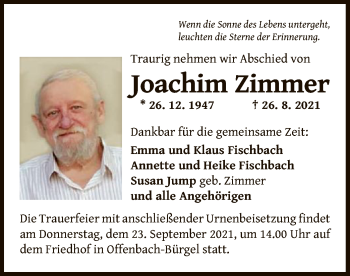 Traueranzeige von Joachim Zimmer von OF