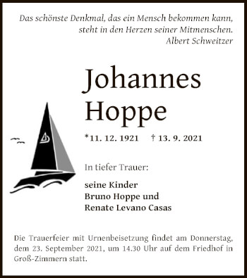 Traueranzeige von Johannes Hoppe von OF