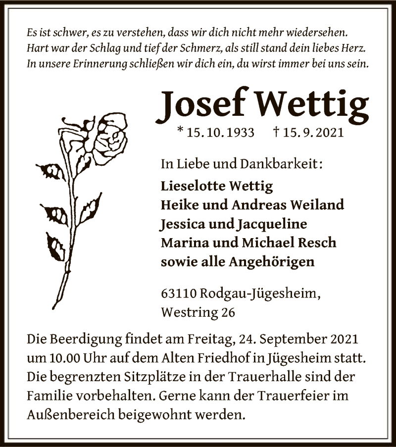  Traueranzeige für Josef Wettig vom 22.09.2021 aus OF