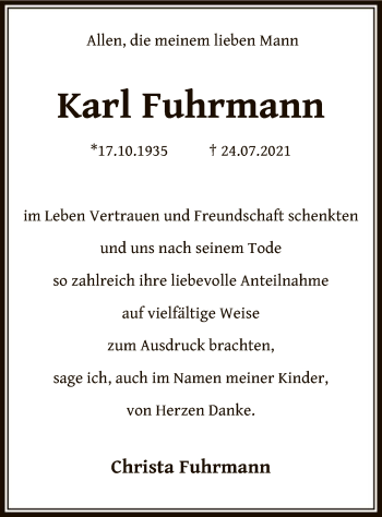 Traueranzeige von Karl Fuhrmann von OF