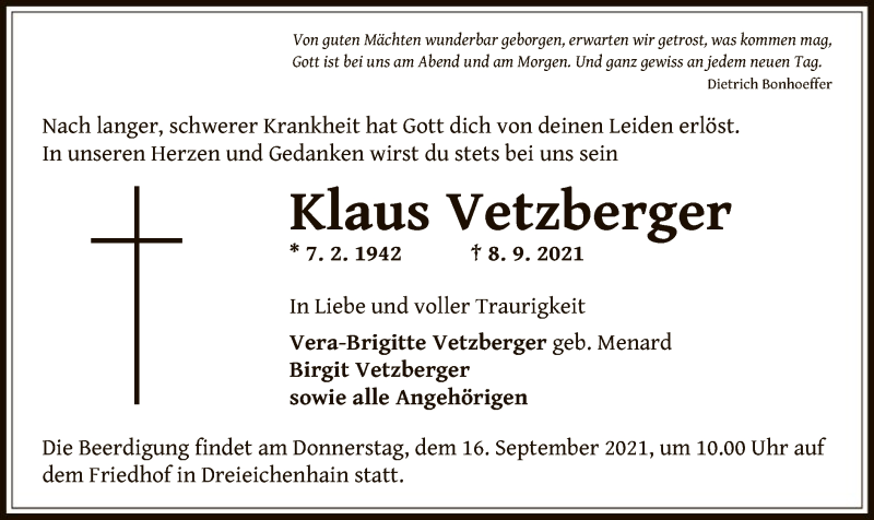  Traueranzeige für Klaus Vetzberger vom 14.09.2021 aus OF