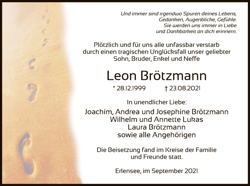  Traueranzeige für Leon Brötzmann vom 11.09.2021 aus OF
