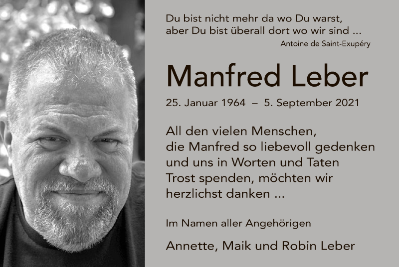  Traueranzeige für Manfred Leber vom 25.09.2021 aus OF