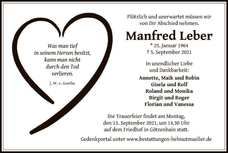  Traueranzeige für Manfred Leber vom 11.09.2021 aus OF
