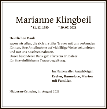 Traueranzeige von Marianne Klingbeil von OF