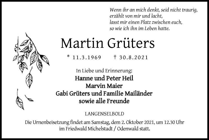  Traueranzeige für Martin Grüters vom 04.09.2021 aus OF