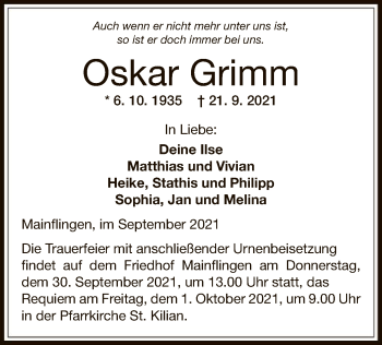 Traueranzeige von Oskar Grimm von OF