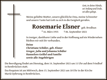 Traueranzeige von Rosemarie Elsner von OF