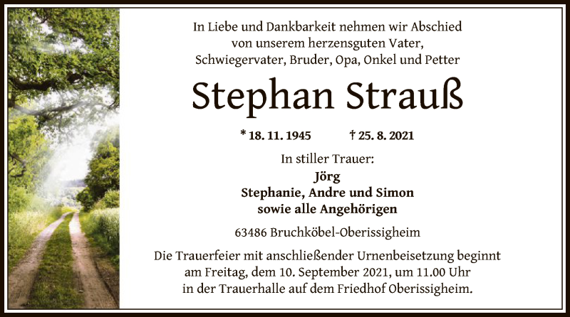  Traueranzeige für Stephan Strauß vom 04.09.2021 aus OF