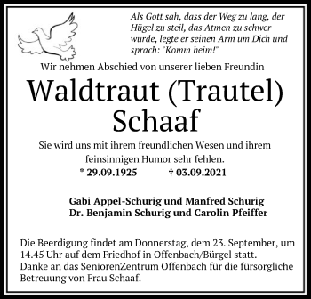 Traueranzeige von Waldtraut Schaaf von OF