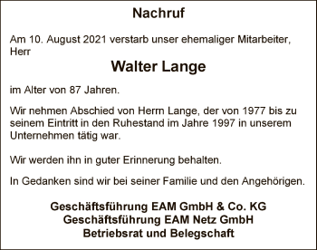 Traueranzeige von Walter Lange von OF