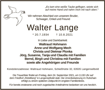 Traueranzeige von Walter Lange von OF