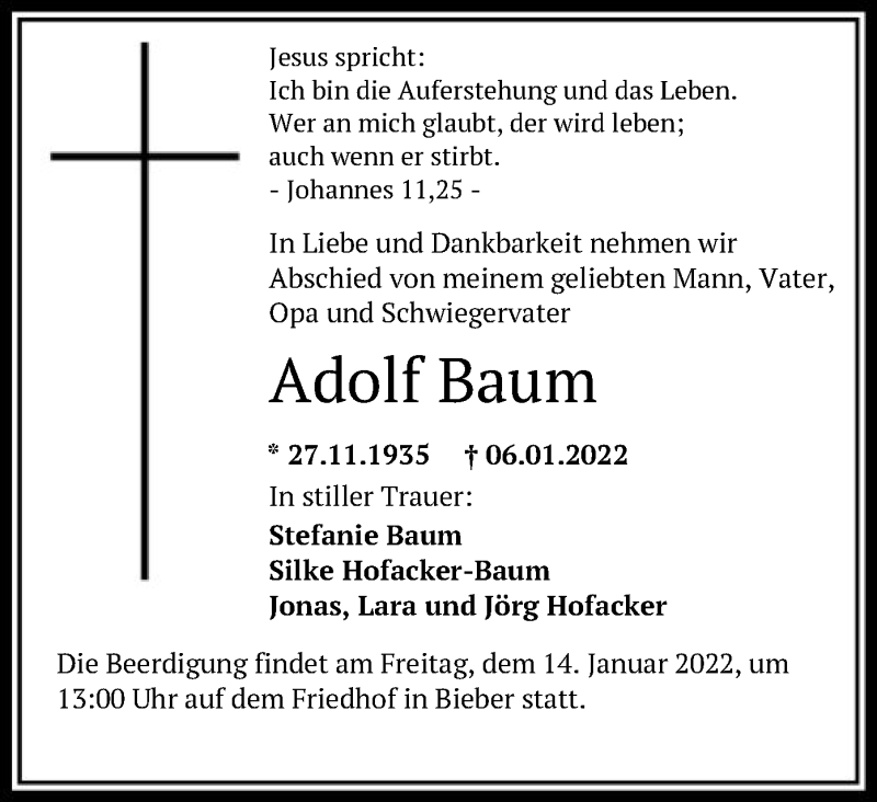  Traueranzeige für Adolf Baum vom 12.01.2022 aus OF