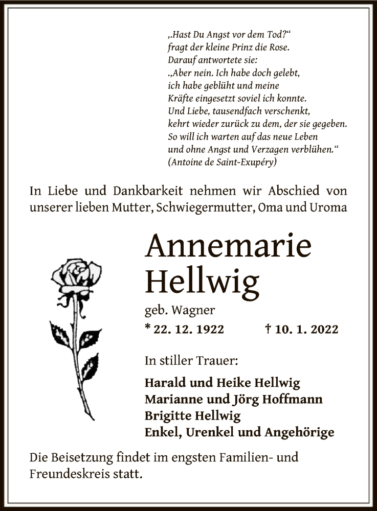  Traueranzeige für Annemarie Hellwig vom 15.01.2022 aus OF