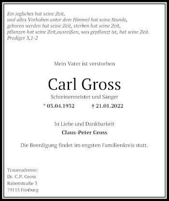 Traueranzeige von Carl Gross von OF