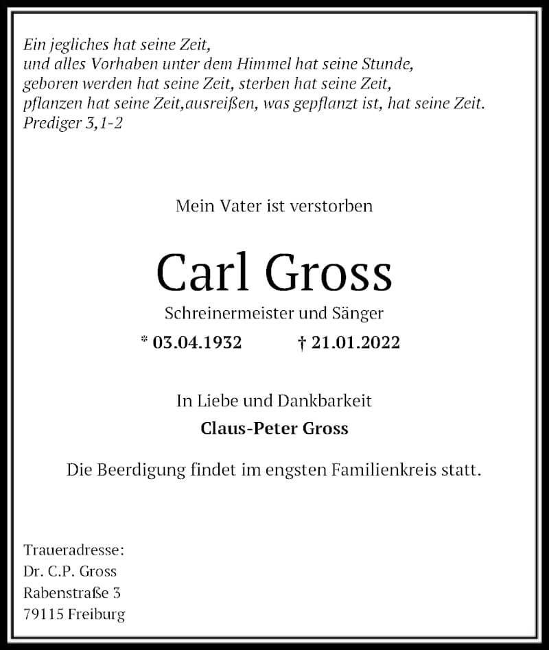  Traueranzeige für Carl Gross vom 29.01.2022 aus OF