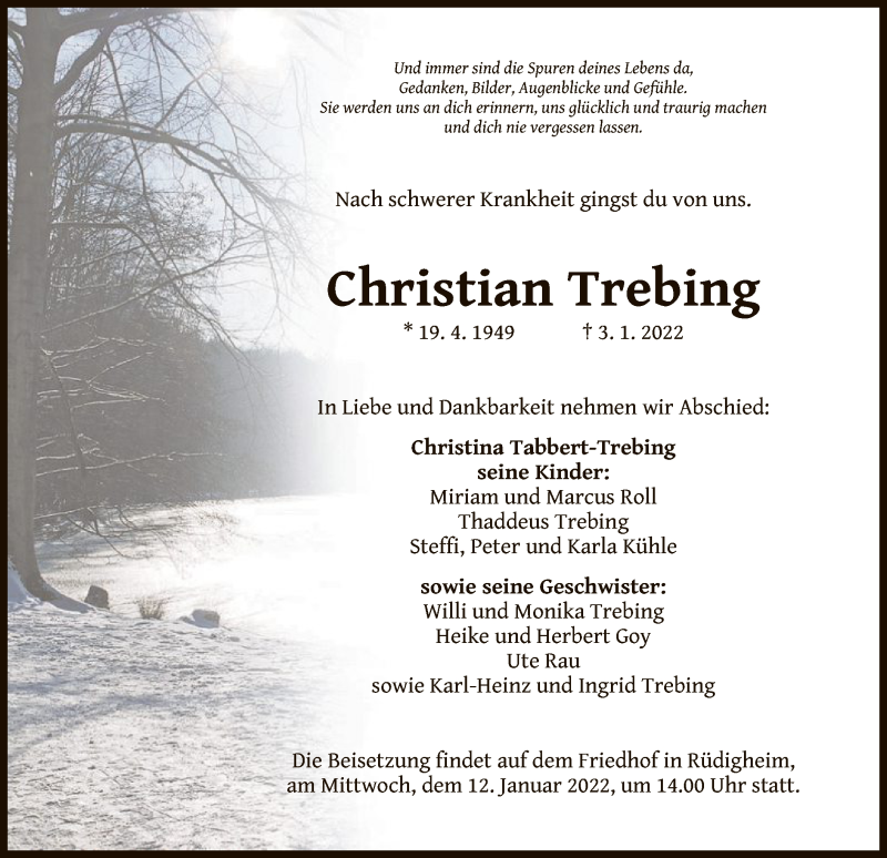  Traueranzeige für Christian Trebing vom 08.01.2022 aus OF