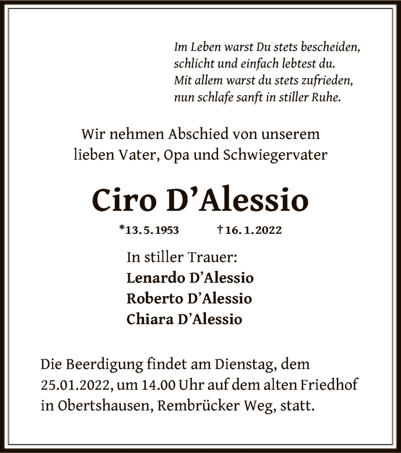 Traueranzeigen von Ciro D Alessio trauer.op online.de