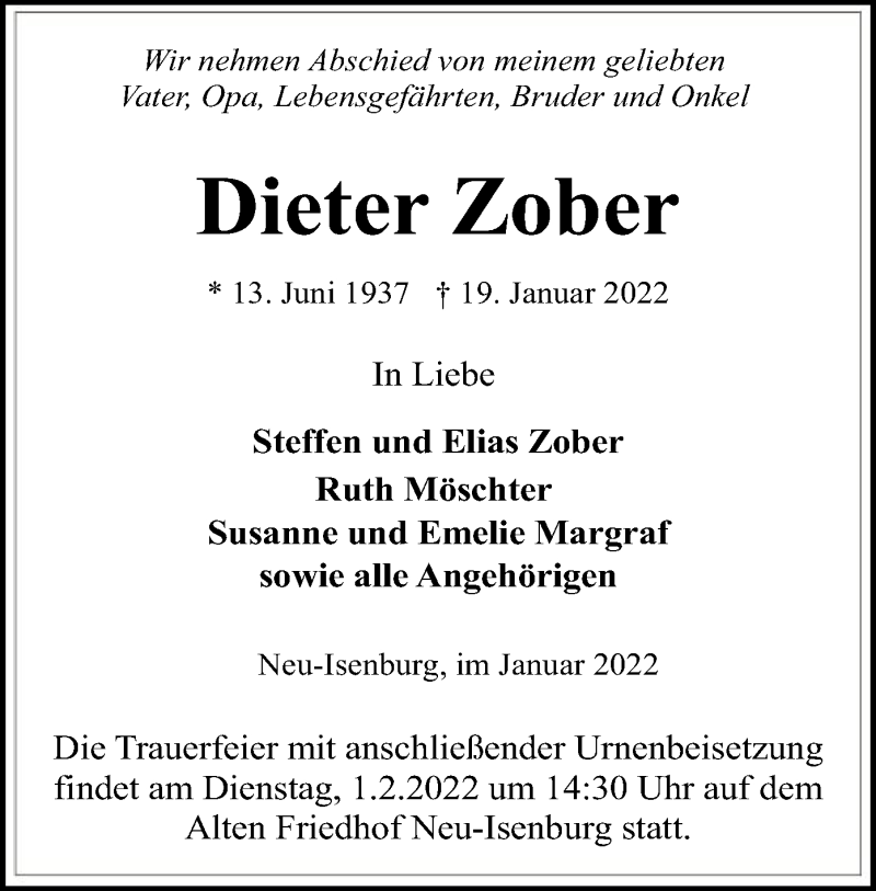  Traueranzeige für Dieter Zober vom 22.01.2022 aus OF
